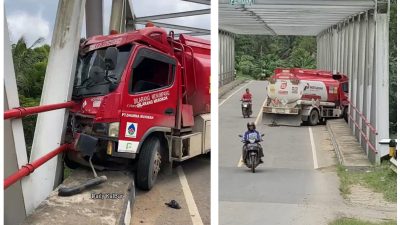 Truk Tangki BBM Tabrak Jembatan Baja di Melawi, Dentuman Keras Gegerkan Warga Belimbing