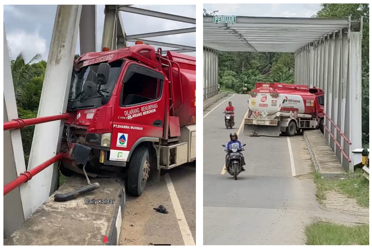 Truk Tangki BBM Tabrak Jembatan Baja di Melawi, Dentuman Keras Gegerkan Warga Belimbing